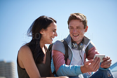 Buy stock photo Outdoor, mother and man with mobile for laughing, social media and funny video for weekend bonding. Internet humor, happy woman and adult son with phone for connection, comic message and web forum