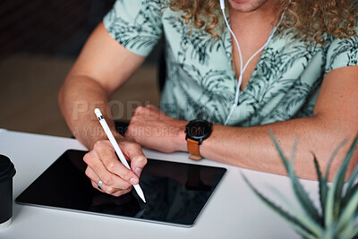Buy stock photo Hand, graphic designer and man in office with tablet, research and drawing logo for company. Digital art, male person and writing with stylus for sketch, creative artwork and animation for production