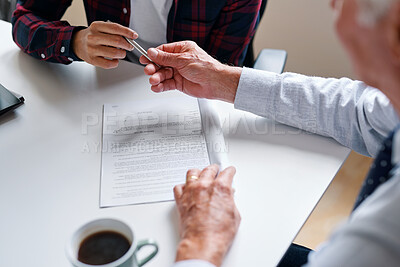 Buy stock photo Real estate, signature and hands of people with documents for lease agreement, purchase and sale. Realtor, paperwork and person with pen for retirement property, insurance and mortgage in office