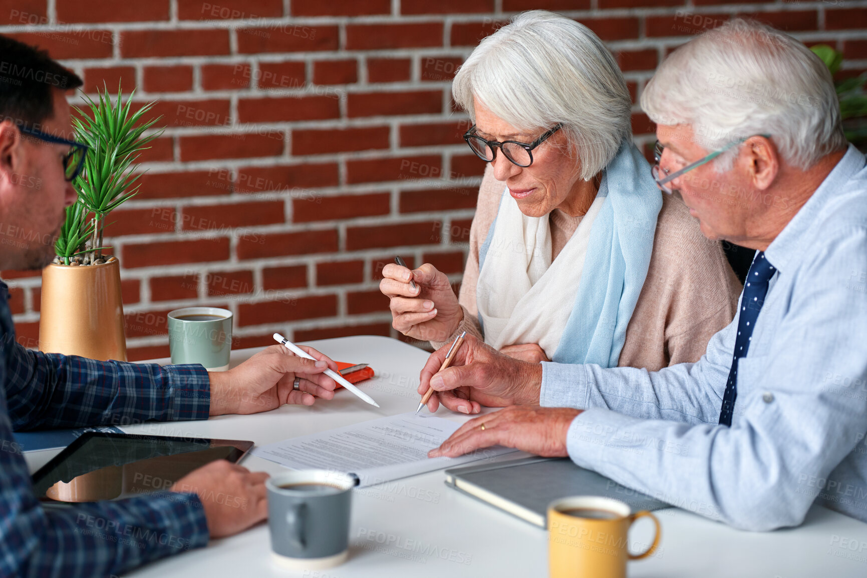 Buy stock photo Contract, signature and lawyer with senior couple for help, life insurance or legal agreement. Client, people and writing on paper in office for application, coverage deal or policy in retirement