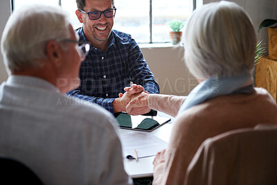 Buy stock photo Old couple, financial advisor and handshake for agreement, deal and retirement home planning. Senior man, woman and meeting for pension fund, loan agent and shaking hands for budget or investment