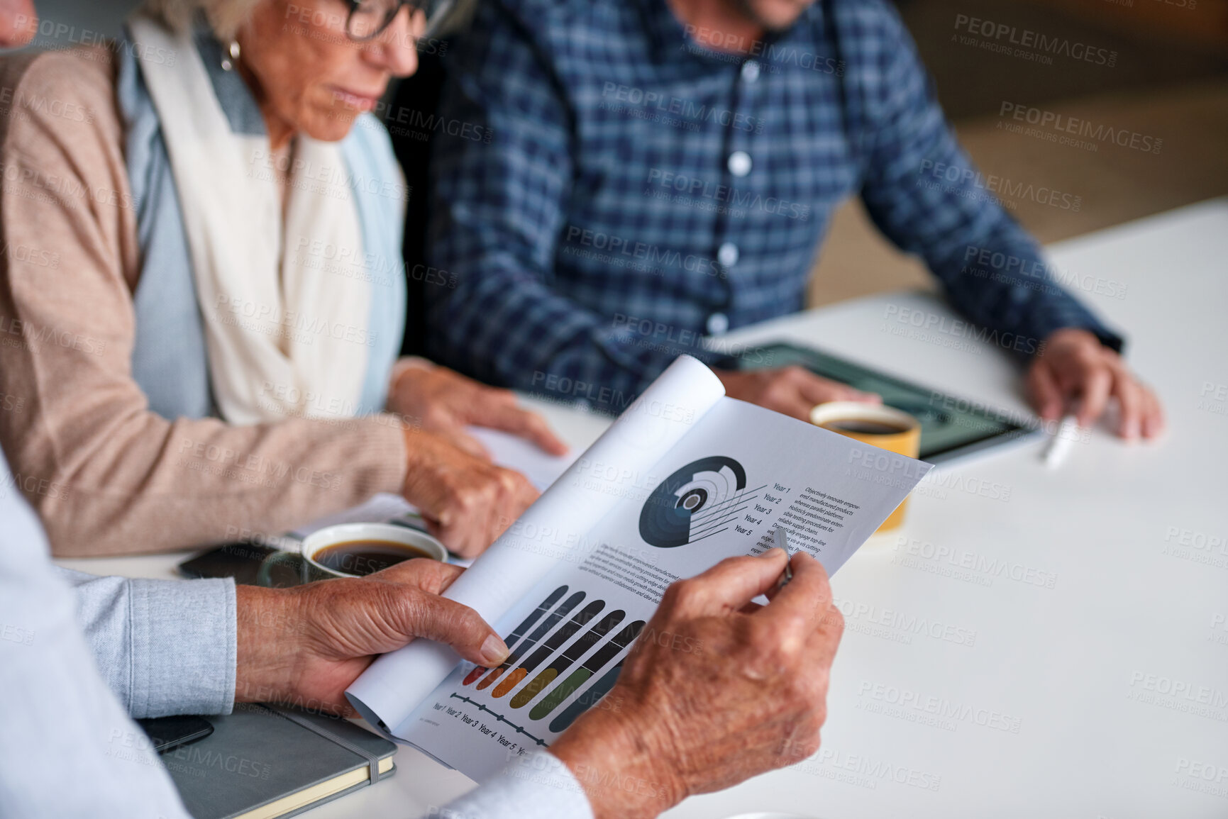 Buy stock photo Old couple, financial advisor and document for graphs, agreement and retirement home planning. Senior man, woman and meeting for pension fund, loan agent and paperwork for budget or investment