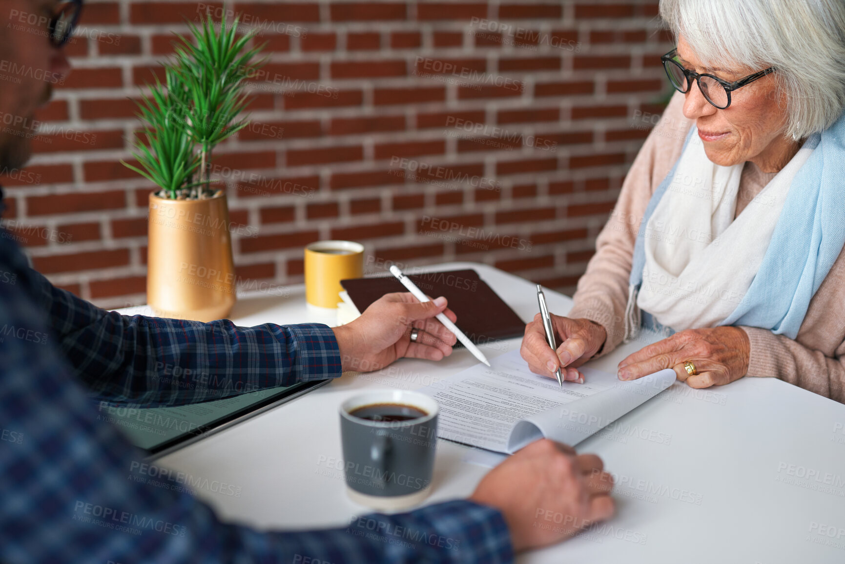 Buy stock photo Contract, sign and financial advisor with elderly woman for investment or legal agreement. Client, paper or writing on form in office for application, pension deal or insurance policy in retirement