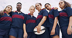 Rugby, team and sports with portrait of women on field for training, game challenge and tournament. Fitness, match practice and low angle of people in stadium for championship, group and athlete
