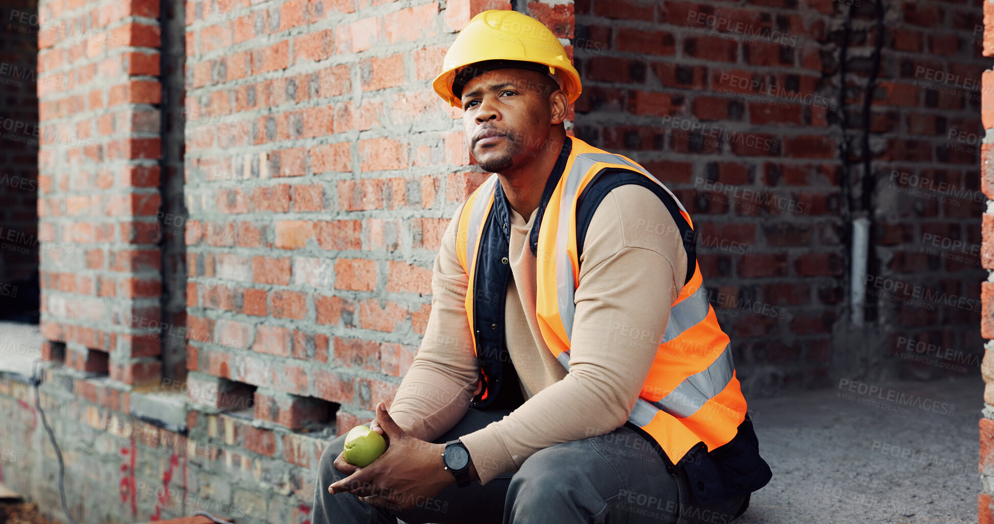 Buy stock photo Construction site, thinking and black man for engineer, break or contractor for quality control. Planning, risk assessment and person with project, reflection and property renovation or development