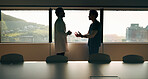Men, doctor and discussion with nurse in boardroom for medical proposal, idea or plan. Male people, healthcare workers or conversation with health solution for advice, assistance or help in hospital