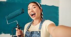 Selfie, painting and portrait of asian woman in home for renovation, diy project and social media. Profile picture, property development and remodeling project with person and roller in apartment