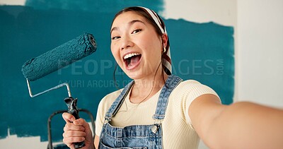 Buy stock photo Selfie, painting and portrait of asian woman in home for renovation, diy project and social media. Profile picture, property development and remodeling process with person and roller in apartment