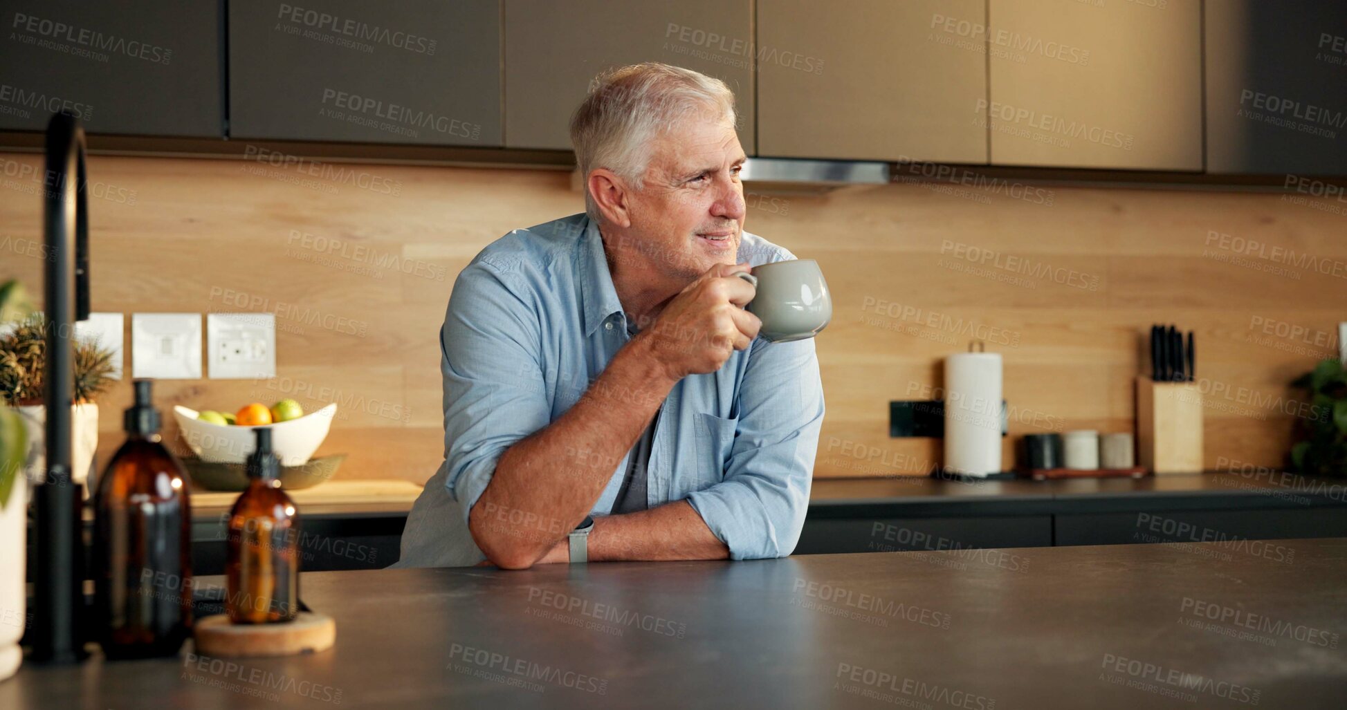 Buy stock photo Coffee, thinking and senior man in kitchen for memory, reflection and planning day on weekend. Retirement, home and happy elderly person with drink for nostalgia, thoughtful and remember for peace