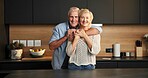 Happy, hug and portrait of senior couple in kitchen at house with bonding, love and safety in relationship. Smile, commitment and elderly man embracing woman for connection in marriage in home.