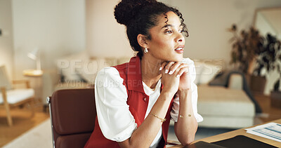Buy stock photo Freelancer, thinking and woman with decision in home office, financial planning and problem solving. Wealth management, reflection and person with investment ideas, remember and remote work in house