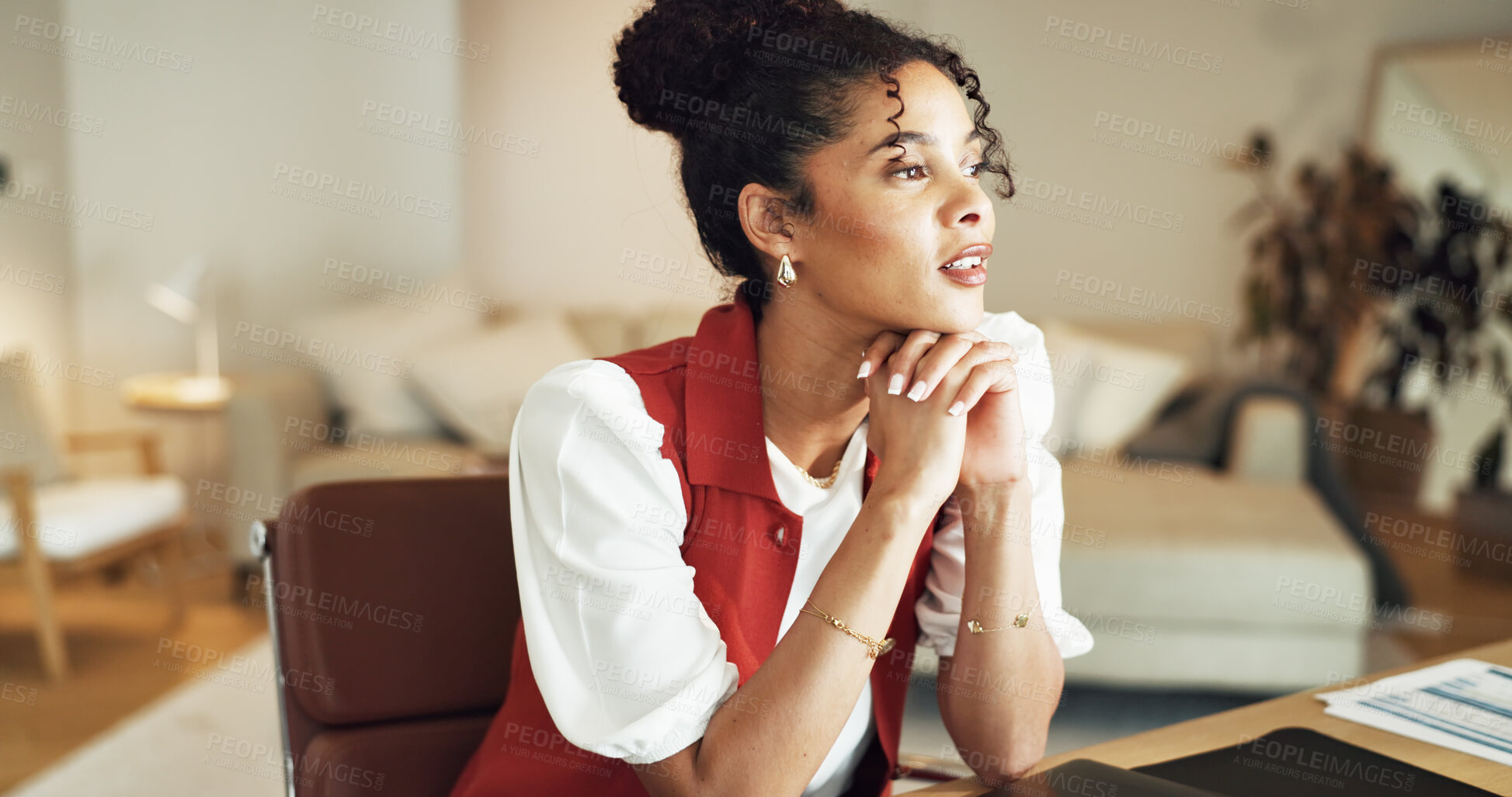 Buy stock photo Freelancer, thinking and woman with decision in home office, financial planning and problem solving. Wealth management, reflection and person with investment ideas, remember and remote work in house