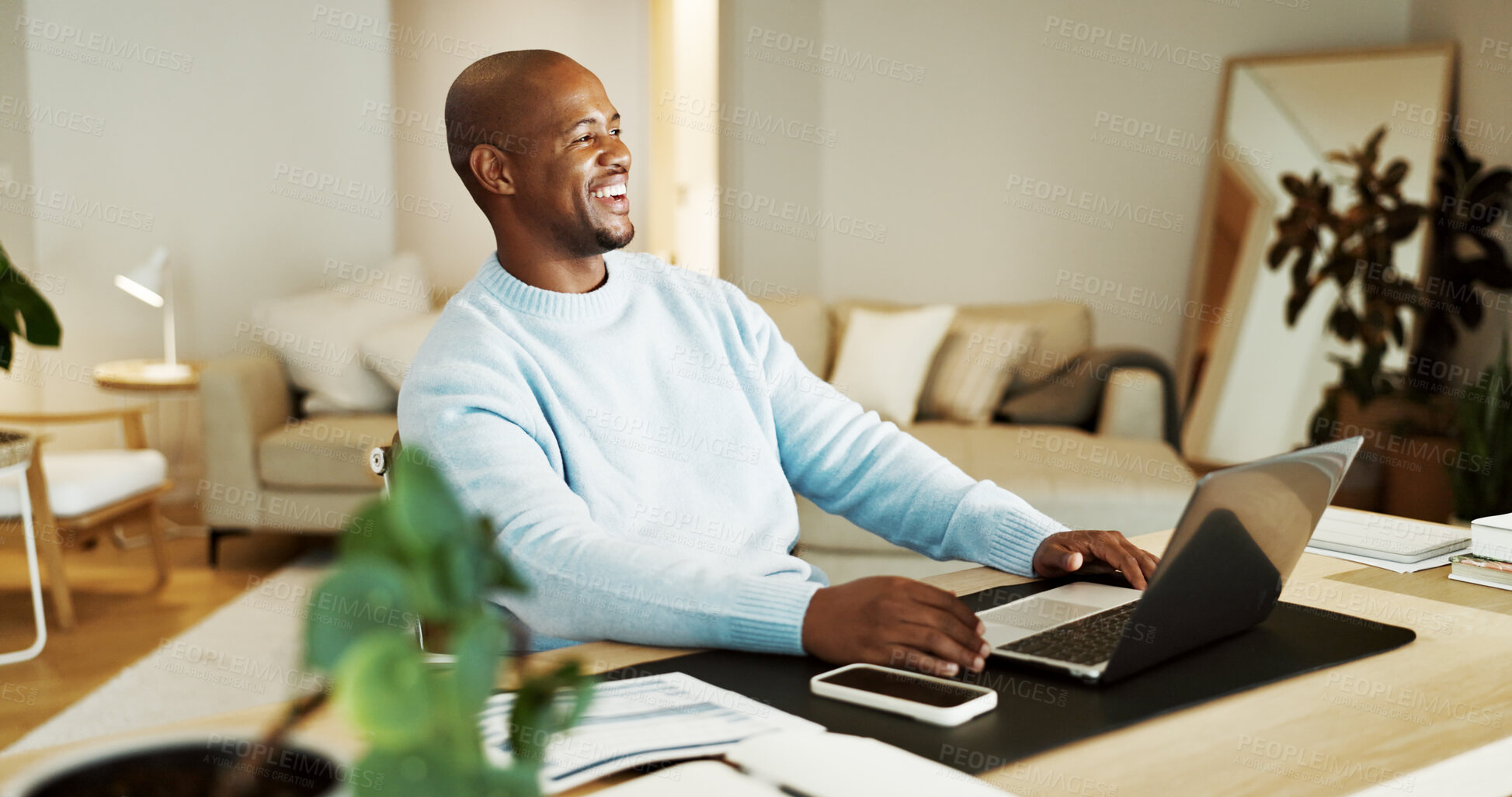 Buy stock photo Thinking, laugh and black man on laptop for remote work, finance report and accounting in home. Freelance, happy and person on computer for financial review, proposal and research for wfh career