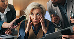 Stress, headache and chaos of business woman with anxiety, burnout or schedule, pressure or laptop. Project problem, mistake and paperwork of manager, time management and conversation with migraine