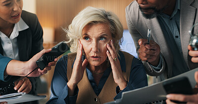 Buy stock photo Stress, headache and chaos of business woman with anxiety, burnout or schedule, pressure or deadline. Project problem, phone call and paperwork of manager, time management and conversation in office