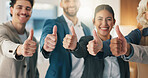 Thumbs up, success and business people in office for teamwork, collaboration and approval. Corporate, smile and workers with hand gesture for promotion, good opinion or feedback for company agreement