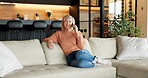 Happy, phone call and woman on couch in lounge, relax and communication with contact and discussion. Mobile, chat and mature person with smile, chilling and listening to gossip or networking in house