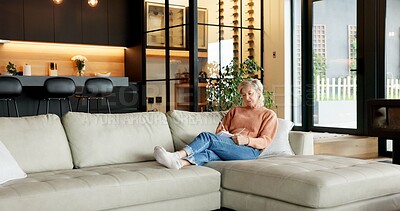 Buy stock photo Journal, writing and senior woman on sofa with reminder, ideas and planning day in living room. Home, retirement and elderly person with notebook for hobby, diary entry and inspiration for journaling