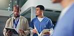 Nurse, team and night in hospital with tablet, medical results and patient history for surgery. People, talk and working late in workplace with folder, healthcare report and information on treatment
