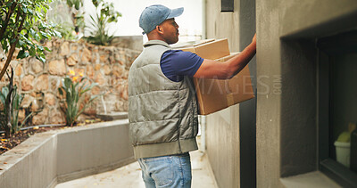 Buy stock photo Knock, delivery and box with man at front door for logistics, courier service and package postage. Cargo, shipping and freight distribution with person at house doorway for supply chain parcel