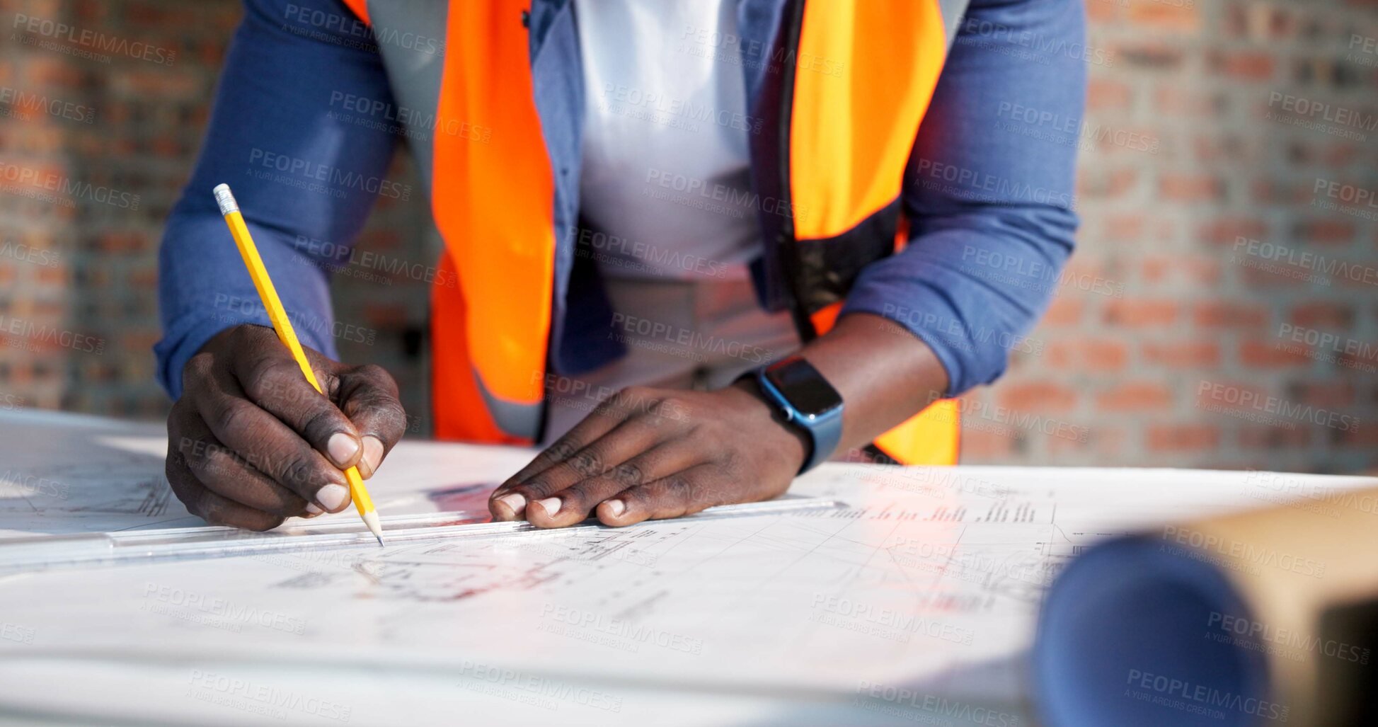Buy stock photo Hands, paperwork and drawing on construction site with architect, design and urban infrastructure. Engineer person, blueprint and floor plan for contractor, property development or project management