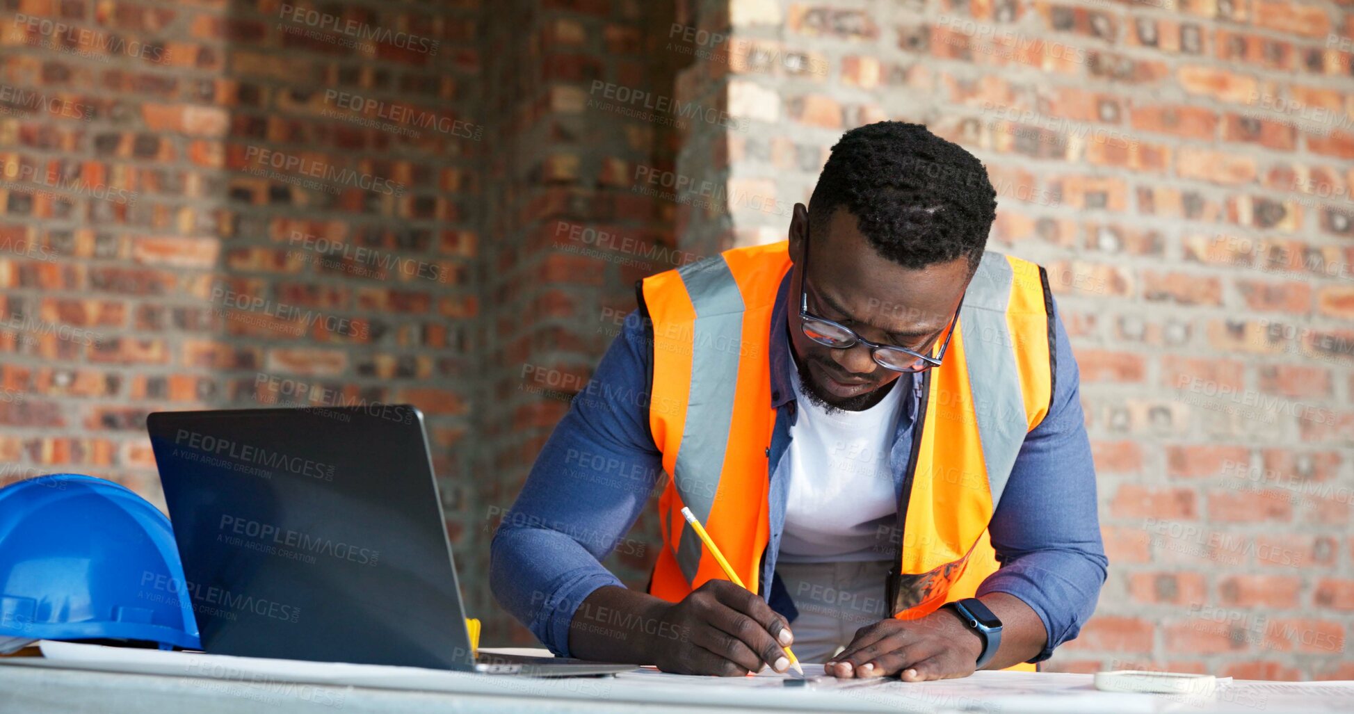 Buy stock photo Black man, blueprint and drawing at construction site for engineer, planning and urban infrastructure. Floor plan, paperwork and laptop for contractor, property development and project management