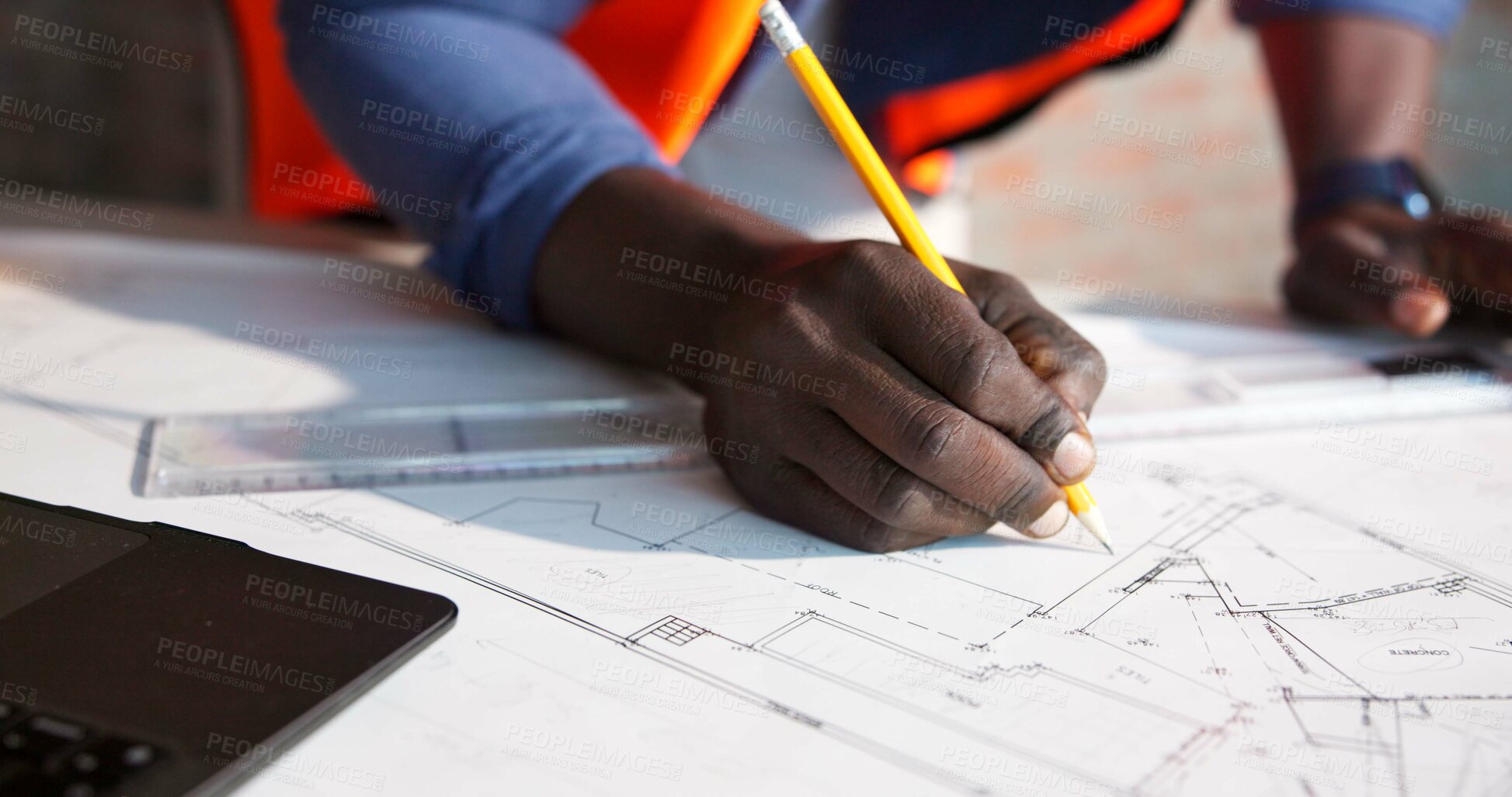 Buy stock photo Hands, floor plan and drawing at construction site for engineer, design and urban infrastructure. Architect person, paperwork and blueprint for contractor, property development or project management