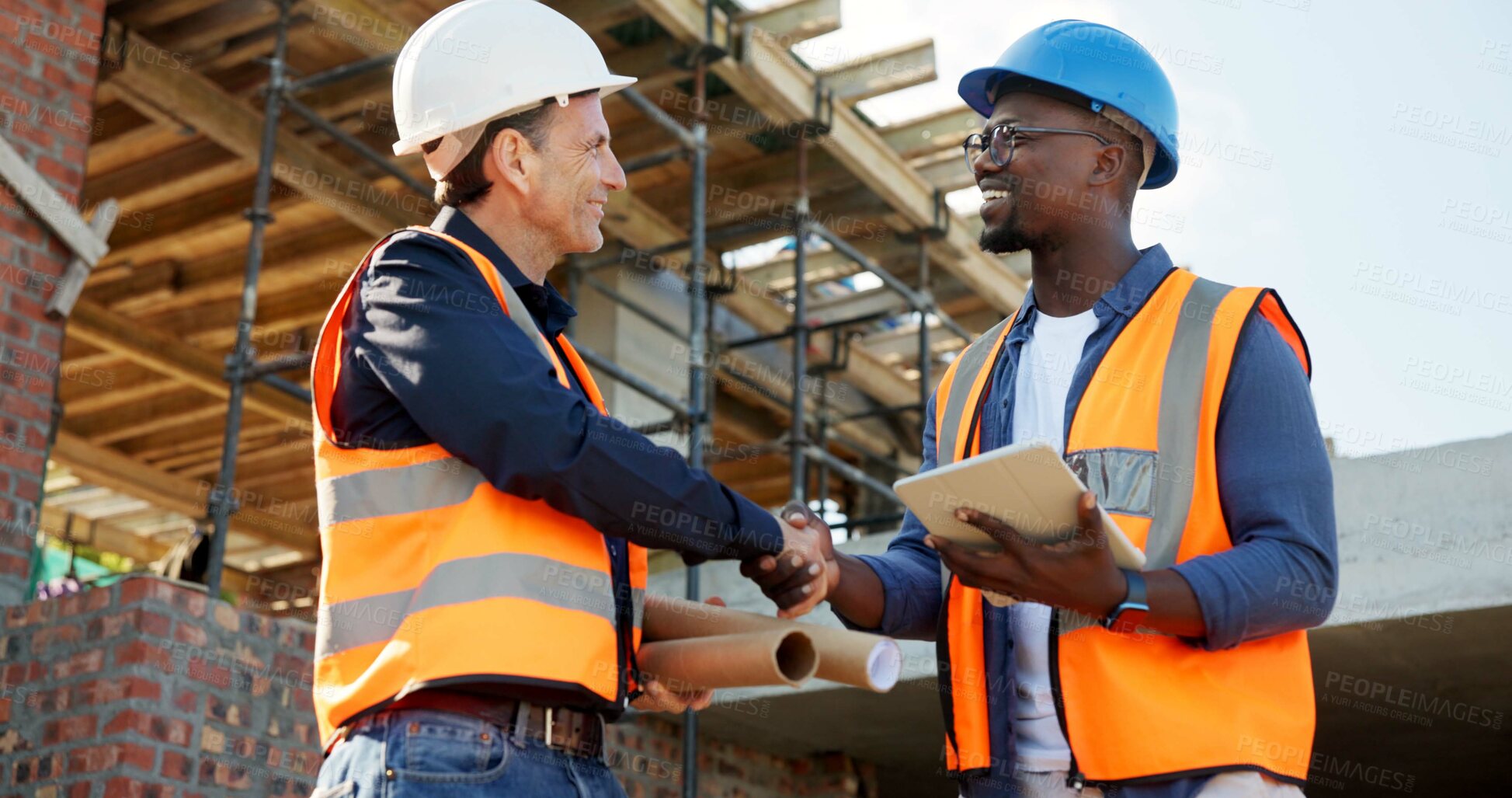 Buy stock photo Team, handshake and tablet with people on construction site for blueprint approval, renovation and planning. Shaking hands, engineering feedback and online schedule with men at building inspection