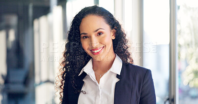 Buy stock photo Portrait, businesswoman and lawyer in office with smile, legal experience and pride for career growth. Happy, female person and corporate attorney in firm with confidence, law compliance or about us.