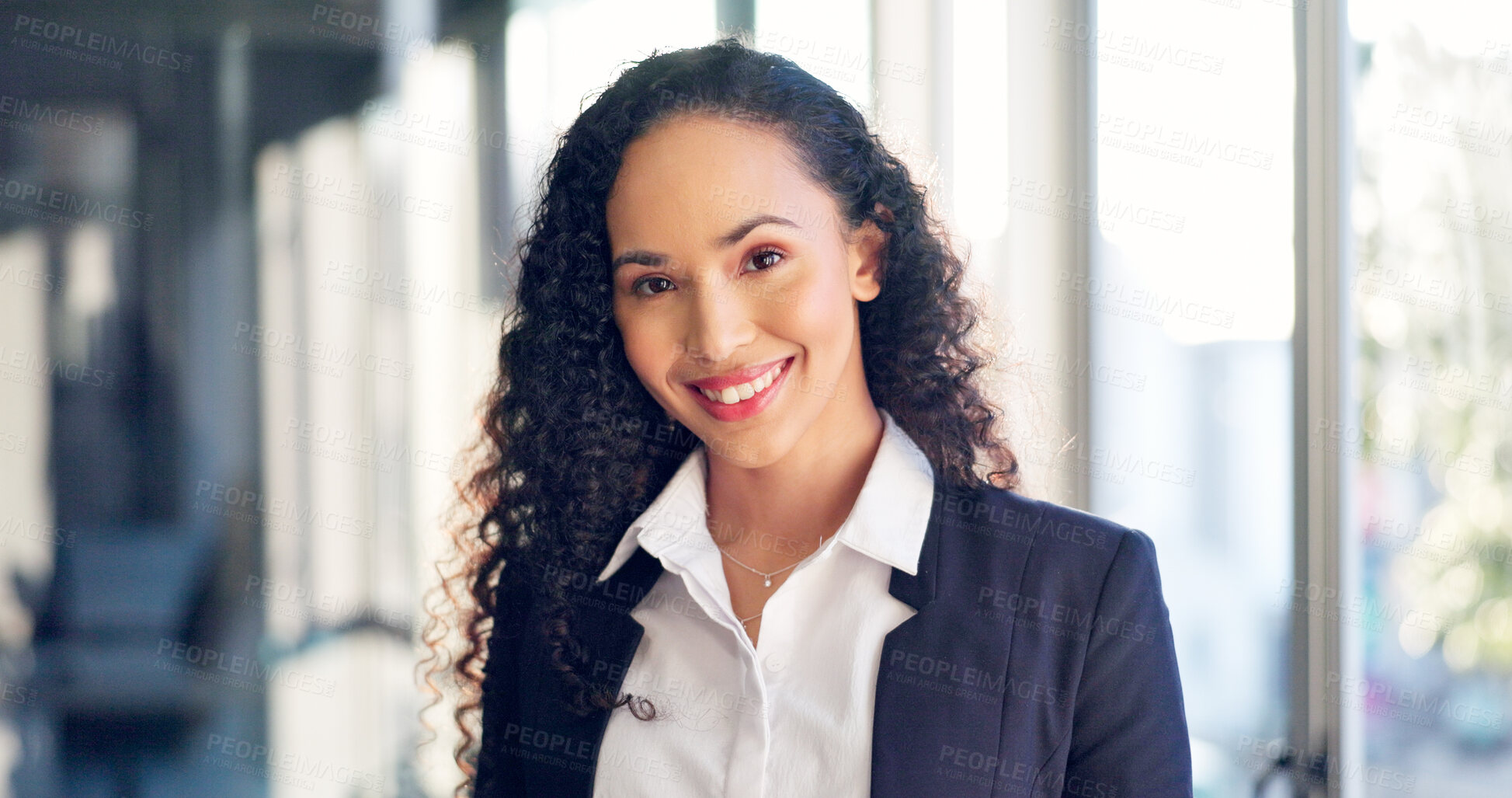 Buy stock photo Portrait, businesswoman and lawyer in office with smile, legal experience and pride for career growth. Happy, female person and corporate attorney in firm with confidence, law compliance or about us.