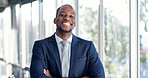 Portrait, businessman and attorney in office with arms crossed, legal experience and pride for career. Happy, black person and corporate lawyer in firm with confidence, law compliance and about us.