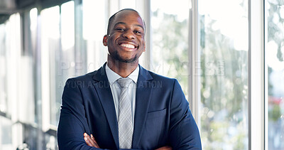 Buy stock photo Portrait, businessman and attorney in office with arms crossed, legal experience and pride for career. Happy, black person and corporate lawyer in firm with confidence, law compliance and about us.