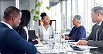 Business, woman and talk with meeting in office for finance pitch, funding request or budget update. Financial stakeholders, team and discussion for market opportunity, company valuation and feedback