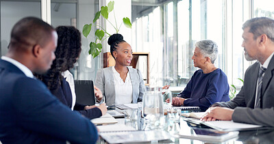 Buy stock photo Business, woman and talk with meeting in office for finance pitch, funding request or budget update. Financial stakeholders, team and discussion for market opportunity, company valuation and feedback