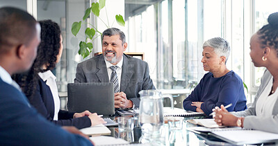 Buy stock photo Business, CEO and meeting with laptop in office for financial review, market expansion and update. Mature man, directors board or online report for merger plan, company performance or risk management