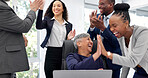 Manager, team and high five in office with laptop, applause and success for court case settlement. Lawyer, people and clap in business with computer, celebration or achievement for dispute resolution