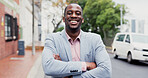 Crossed arms, happy and portrait of black man in city with confidence for finance career. Smile, business and male financial manager with pride for about us with growth in urban town in Nigeria.