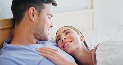 Buy stock photo Smile, love and relax with couple in bedroom of home for bonding, support and connection. Trust, romantic partner and happiness with man and woman in bed in house for wellness, care and loyalty 