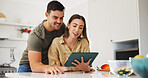 Tablet, reading and recipe with couple in kitchen for food blog, planning lunch and research. Support, cooking app and macro guide with man and woman in home for wellness, connection and menu