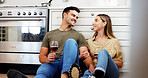 Wine, kitchen and couple in new home with conversation, bonding or celebration together on weekend. Happy, alcohol drink and man with woman for relax with discussion, connection or anniversary.