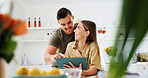 Tablet, smile and recipe with couple in kitchen for food blog, planning lunch and research. Support, cooking app and macro guide with man and woman in home for wellness, connection and menu