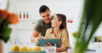 Buy stock photo Tablet, smile and recipe with couple in kitchen for food blog, planning lunch and research. Support, cooking app and macro guide with man and woman in home for wellness, connection and menu