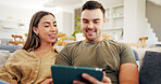 Tablet, smile and relax with couple on sofa in home for streaming service, bonding and film app. Movie subscription, love and series platform with man and woman in living room for entertainment