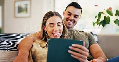 Buy stock photo Tablet, happy and relax with couple on sofa in home for streaming service, bonding and film app. Movie subscription, love and series platform with man and woman in living room for entertainment