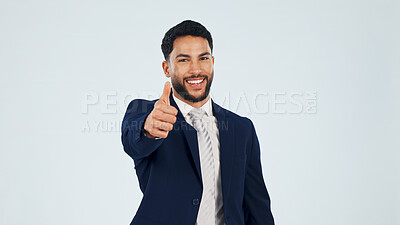 Buy stock photo Thumbs up, success and portrait of  business man in studio for approval, smile or feedback space. Like, yes and agreement with employee on white background for vote, positive review and job promotion