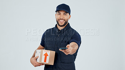 Buy stock photo Box, delivery man and payment machine in studio for order, service fee or parcel distribution. Space, portrait and courier with pos on white background for logistics, shipping charge and package