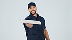 Logistics, man and portrait with pizza box in studio for food delivery, takeout and safe transport. Space, happy courier or giving package on white background for takeaway, distribution or meal order