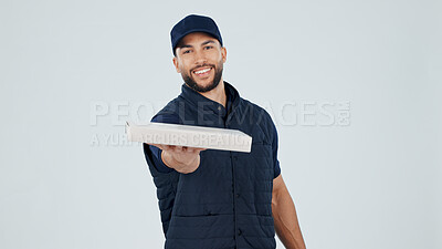 Buy stock photo Logistics, man and portrait with pizza box in studio for food delivery, takeout and safe transport. Space, happy courier or giving package on white background for takeaway, distribution or meal order