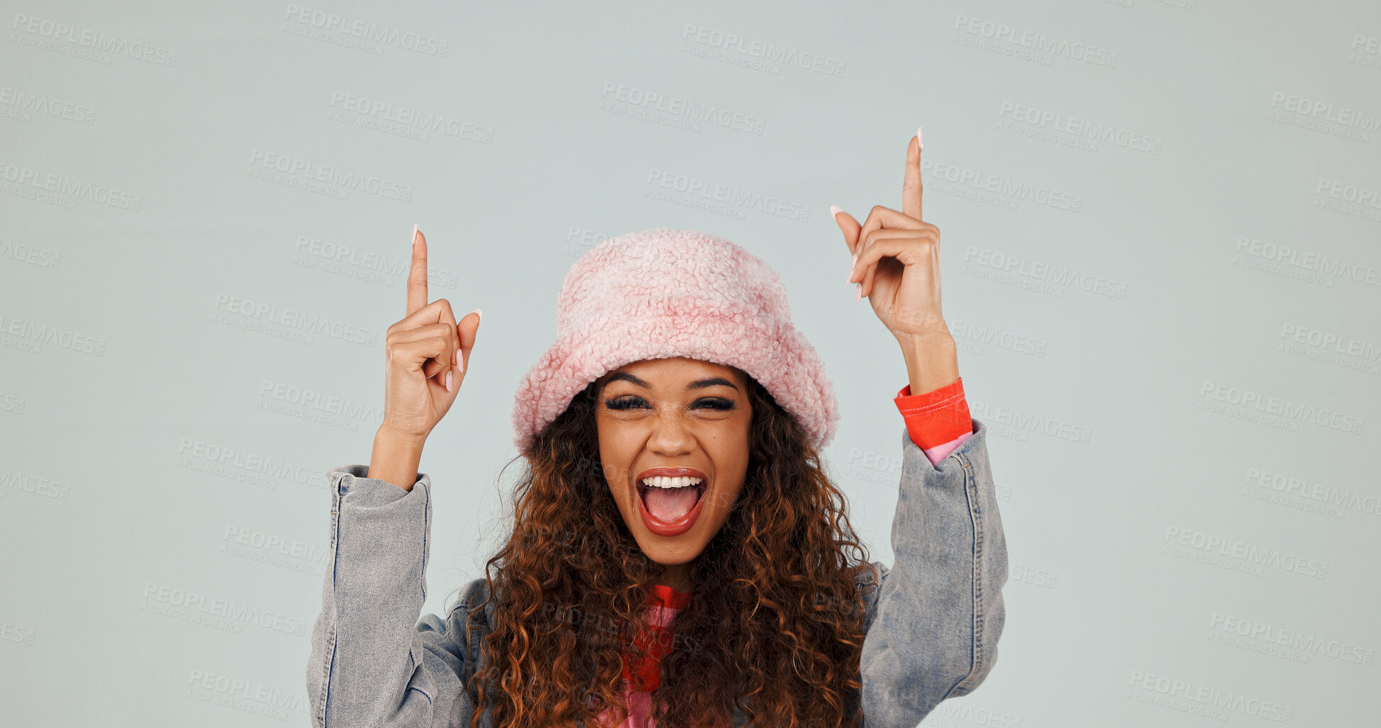 Buy stock photo Studio, portrait and woman with presentation, pointing and excited for discount deal or announcement. White background, space and happy person with gesture, marketing and recommendation for sale