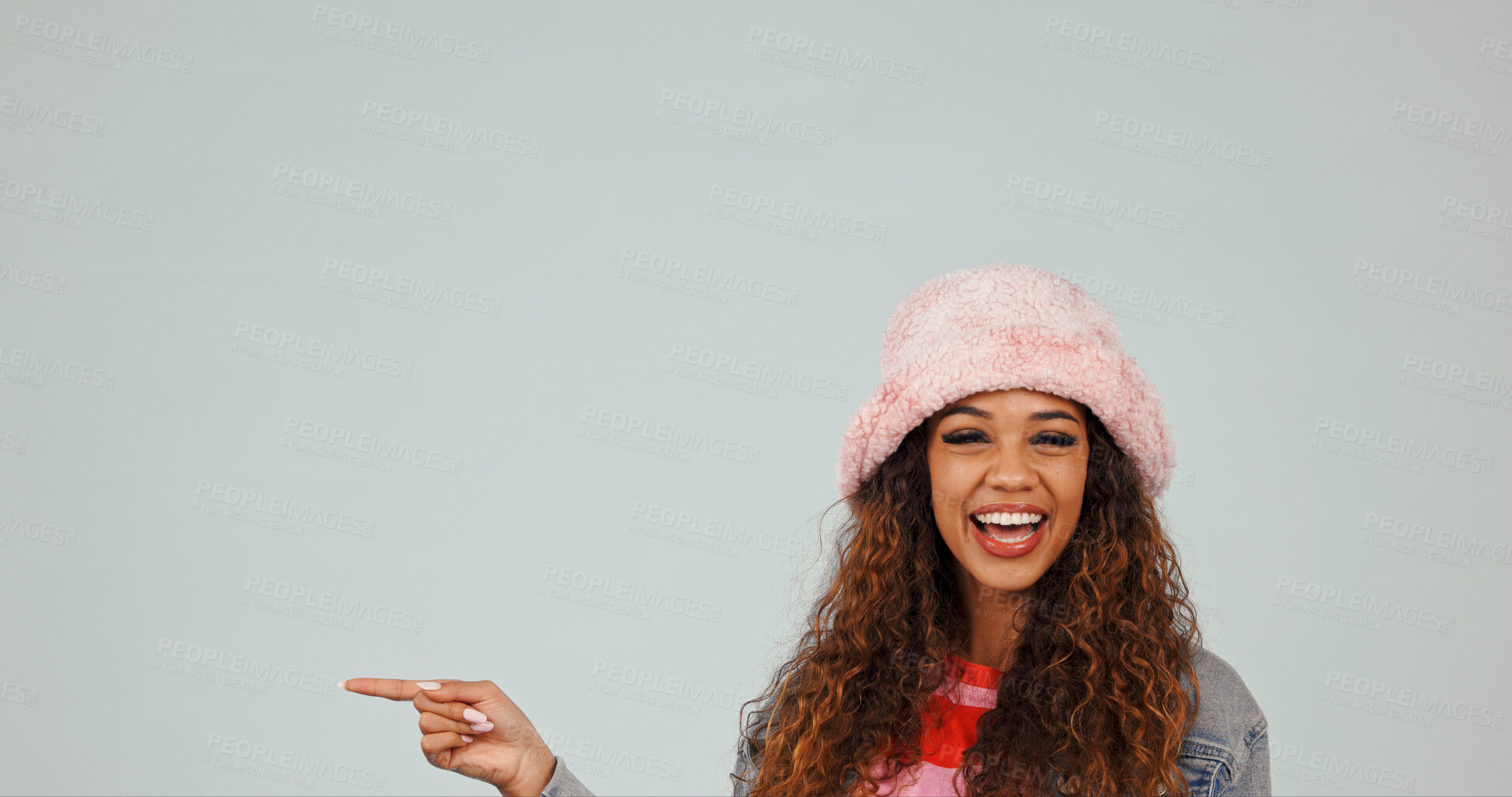 Buy stock photo Portrait, pointing and woman by mockup space for offer, news or announcement in studio. Happy, promotion and person with presentation gesture for information with marketing by white background.